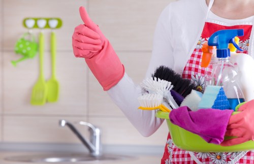 Safety-conscious carpet cleaning process with warning signs and tidy equipment